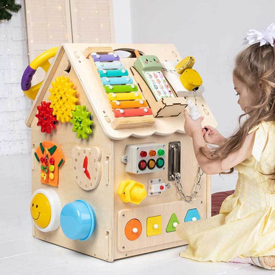 True Haven | Montessori Wooden Busy House Activity Center – Multi-Sensory Skill Building, Solid Wood Construction