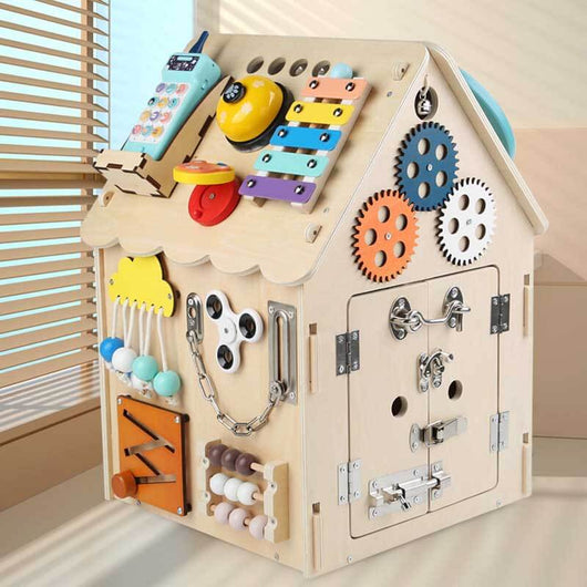 True Haven | Montessori Wooden Busy House Activity Center – Multi-Sensory Skill Building, Solid Wood Construction