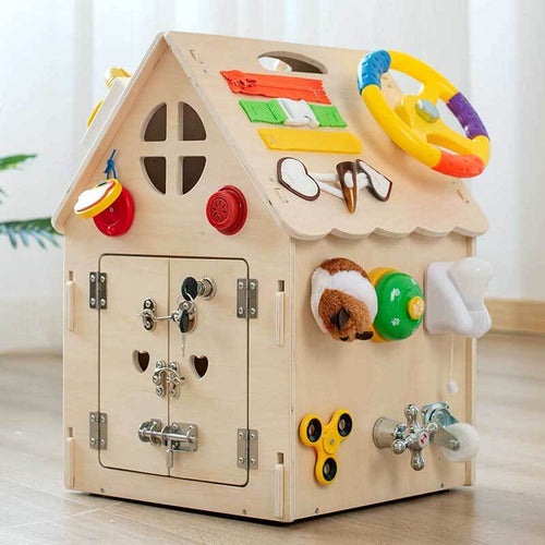 True Haven | Montessori Wooden Busy House Activity Center – Multi-Sensory Skill Building, Solid Wood Construction