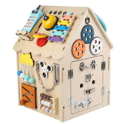 True Haven | Montessori Wooden Busy House Activity Center – Multi-Sensory Skill Building, Solid Wood Construction