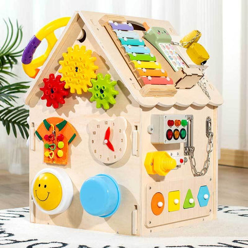 True Haven | Montessori Wooden Busy House Activity Center – Multi-Sensory Skill Building, Solid Wood Construction