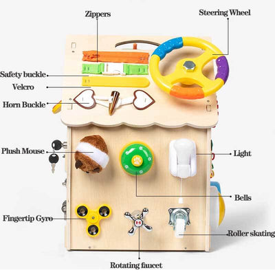 True Haven | Montessori Wooden Busy House Activity Center – Multi-Sensory Skill Building, Solid Wood Construction
