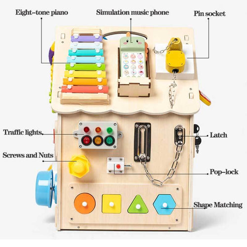 True Haven | Montessori Wooden Busy House Activity Center – Multi-Sensory Skill Building, Solid Wood Construction