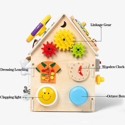 True Haven | Montessori Wooden Busy House Activity Center – Multi-Sensory Skill Building, Solid Wood Construction