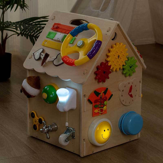 True Haven | Montessori Wooden Busy House Activity Center – Multi-Sensory Skill Building, Solid Wood Construction