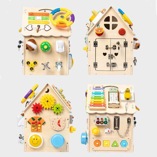 True Haven | Montessori Wooden Busy House Activity Center – Multi-Sensory Skill Building, Solid Wood Construction
