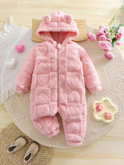 True Haven | Newborn Baby Girl Fuzzy Hooded Jumpsuit – Soft Flannel Fabric, Easy Zip-Up Design