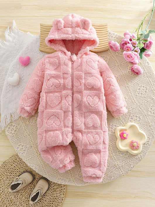 True Haven | Newborn Baby Girl Fuzzy Hooded Jumpsuit – Soft Flannel Fabric, Easy Zip-Up Design