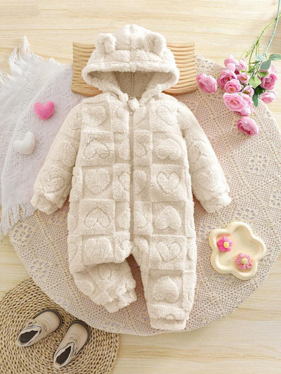 True Haven | Newborn Baby Girl Fuzzy Hooded Jumpsuit – Soft Flannel Fabric, Easy Zip-Up Design