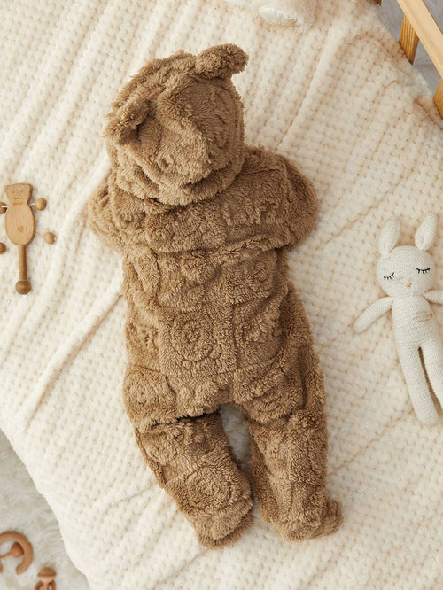 True Haven | Newborn Fleece Hooded Footie Romper – Soft & Warm Fleece, Playful Cartoon Print