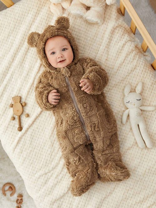 True Haven | Newborn Fleece Hooded Footie Romper – Soft & Warm Fleece, Playful Cartoon Print