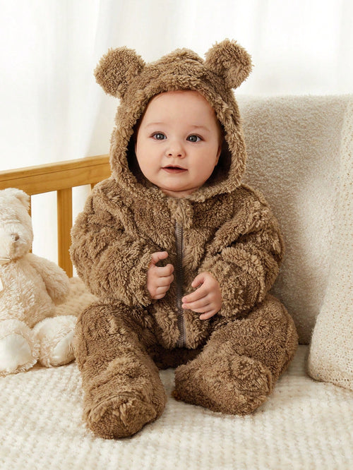 True Haven | Newborn Fleece Hooded Footie Romper – Soft & Warm Fleece, Playful Cartoon Print