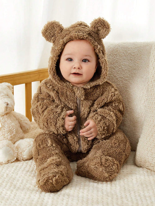 True Haven | Newborn Fleece Hooded Footie Romper – Soft & Warm Fleece, Playful Cartoon Print