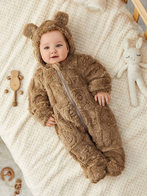 True Haven | Newborn Fleece Hooded Footie Romper – Soft & Warm Fleece, Playful Cartoon Print