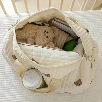 True Haven | Quilted Diaper Bag Organizer – Embroidered Cotton Design, Spacious Multi-Pocket Storage