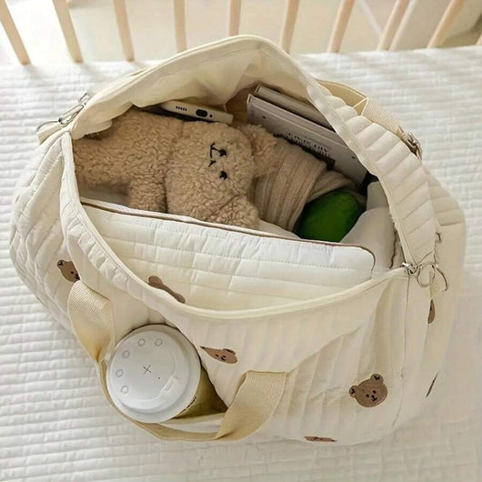 True Haven | Quilted Diaper Bag Organizer – Embroidered Cotton Design, Spacious Multi-Pocket Storage