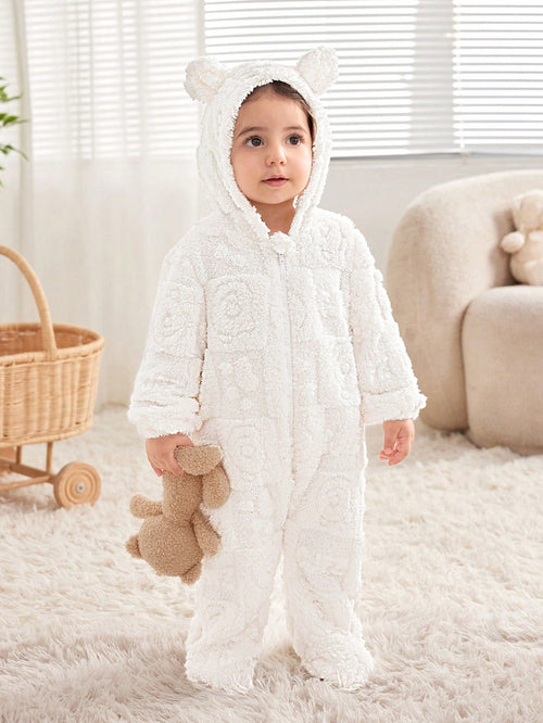 True Haven | Newborn Fleece Hooded Footie Romper – Soft & Warm Fleece, Playful Cartoon Print