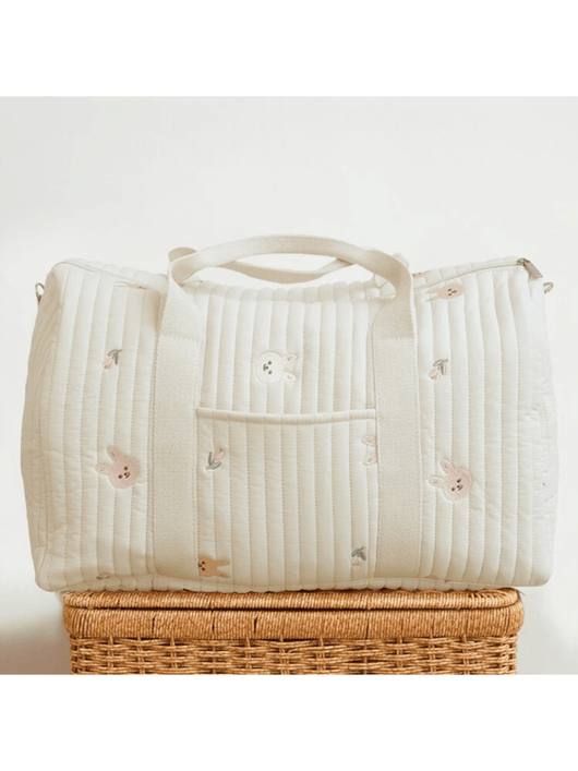 True Haven | Quilted Diaper Bag Organizer – Embroidered Cotton Design, Spacious Multi-Pocket Storage