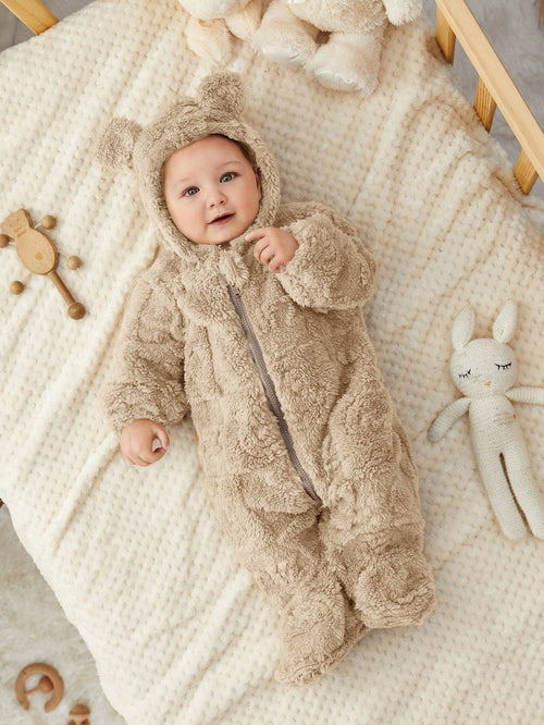 True Haven | Newborn Fleece Hooded Footie Romper – Soft & Warm Fleece, Playful Cartoon Print