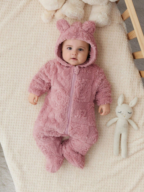 True Haven | Newborn Fleece Hooded Footie Romper – Soft & Warm Fleece, Playful Cartoon Print