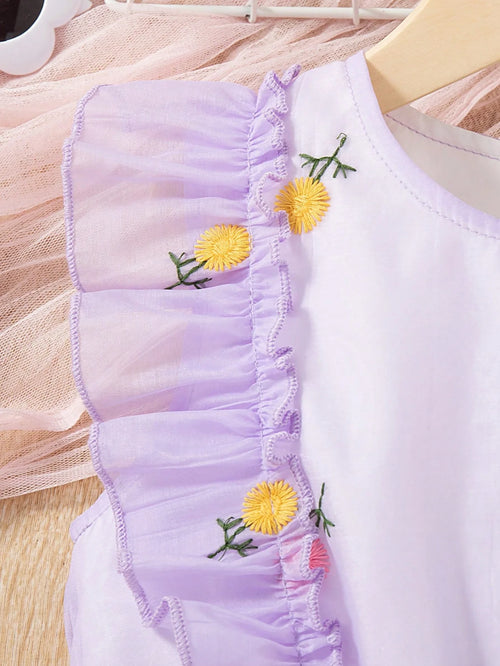 True Haven | Baby Girl Sleeveless Princess Dress – Floral Embroidery Detail, Soft Mesh Tulle Overlay