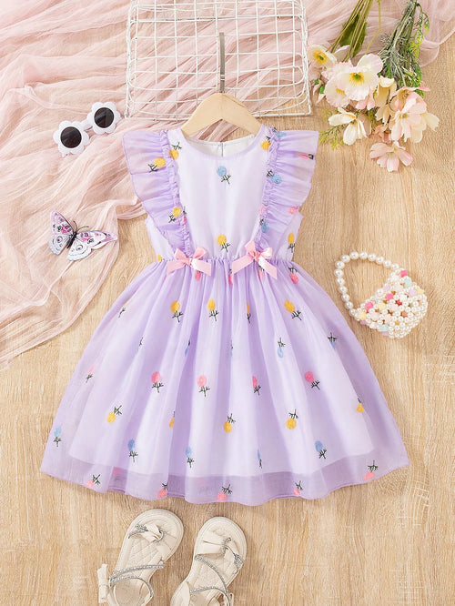 True Haven | Baby Girl Sleeveless Princess Dress – Floral Embroidery Detail, Soft Mesh Tulle Overlay