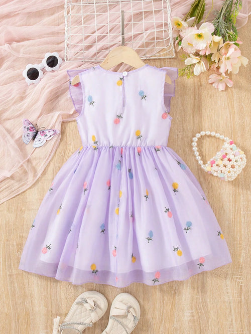 True Haven | Baby Girl Sleeveless Princess Dress – Floral Embroidery Detail, Soft Mesh Tulle Overlay