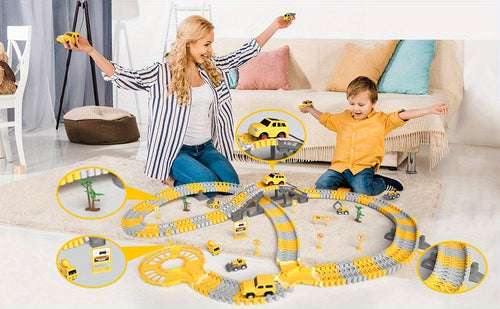 True Haven | 236-Piece Construction Track Set with Vehicles – Snap-Fit Easy Assembly, Encourages Creative Play