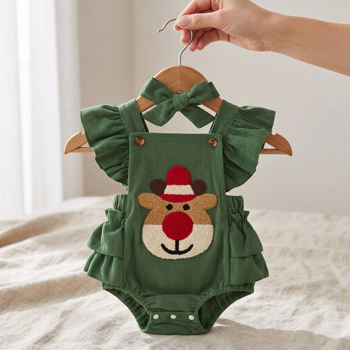 True Haven | Reindeer Ruffle Romper – Adorable Everyday Essential, Gentle on Sensitive Skin