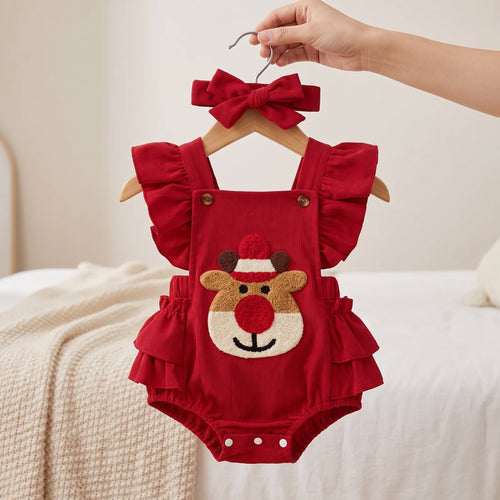 True Haven | Reindeer Ruffle Romper – Adorable Everyday Essential, Gentle on Sensitive Skin