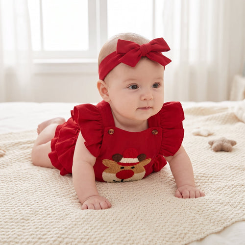 True Haven | Reindeer Ruffle Romper – Adorable Everyday Essential, Gentle on Sensitive Skin