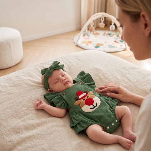 True Haven | Reindeer Ruffle Romper – Adorable Everyday Essential, Gentle on Sensitive Skin