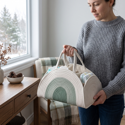 True Haven | Woven Baby Diaper Caddy – Everyday Nursery Helper, Space-Saving Design
