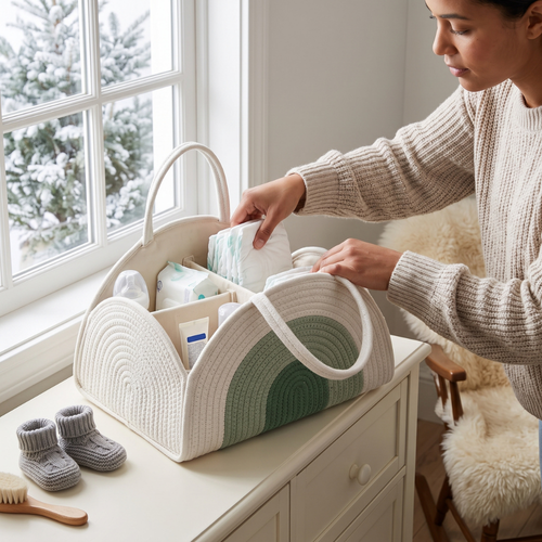 True Haven | Woven Baby Diaper Caddy – Everyday Nursery Helper, Space-Saving Design