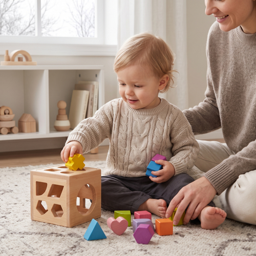 True Haven | Cubby Wooden Shape Sorter – Screen-Free Developmental Toy, Safe for Little Hands