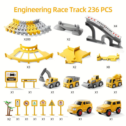 True Haven | 236-Piece Construction Track Set with Vehicles – Snap-Fit Easy Assembly, Encourages Creative Play
