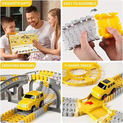 True Haven | 236-Piece Construction Track Set with Vehicles – Snap-Fit Easy Assembly, Encourages Creative Play