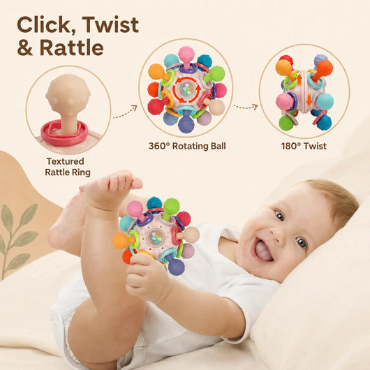 True Haven | Montessori Sensory Teether Rattle – Silicone Teething Balls & Spinning Toy, 0-12 Months