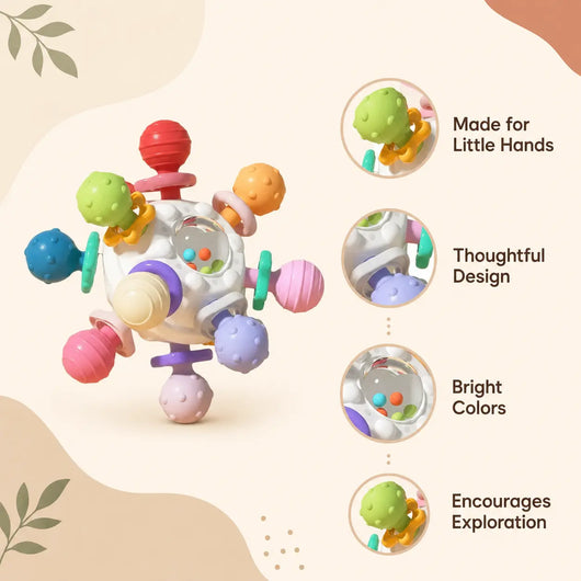 True Haven | Montessori Sensory Teether Rattle – Silicone Teething Balls & Spinning Toy, 0-12 Months