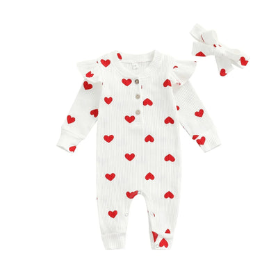 True Haven | Baby Girl Romper & Headband Set – Soft Cotton Comfort, Adorable Heart Print Design
