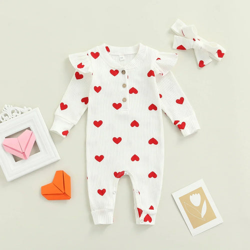 True Haven | Baby Girl Romper & Headband Set – Soft Cotton Comfort, Adorable Heart Print Design