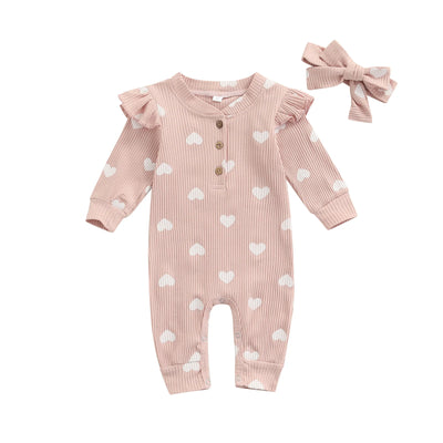 True Haven | Baby Girl Romper & Headband Set – Soft Cotton Comfort, Adorable Heart Print Design