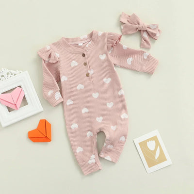 True Haven | Baby Girl Romper & Headband Set – Soft Cotton Comfort, Adorable Heart Print Design