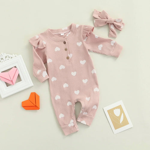 True Haven | Baby Girl Romper & Headband Set – Soft Cotton Comfort, Adorable Heart Print Design