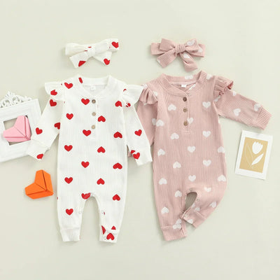 True Haven | Baby Girl Romper & Headband Set – Soft Cotton Comfort, Adorable Heart Print Design