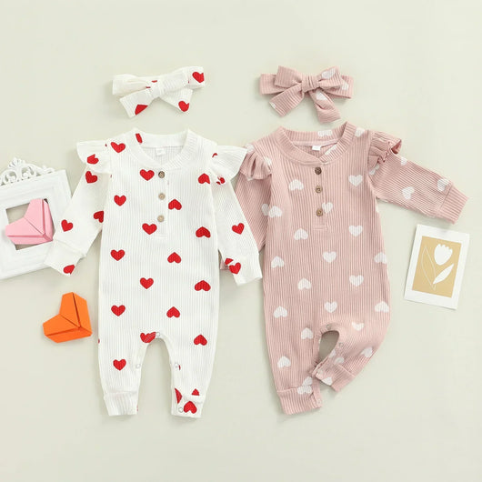 True Haven | Baby Girl Romper & Headband Set – Soft Cotton Comfort, Adorable Heart Print Design