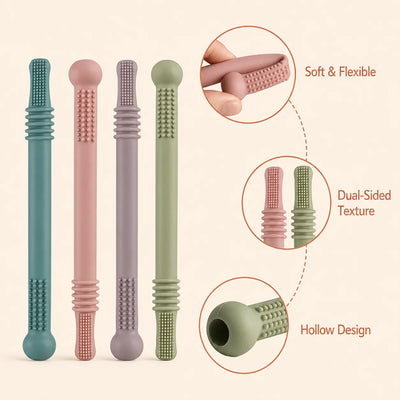 True Haven | Silicone Chew Tube Teether – Food-Grade Sensory Teething Toy Set, Dishwasher Safe