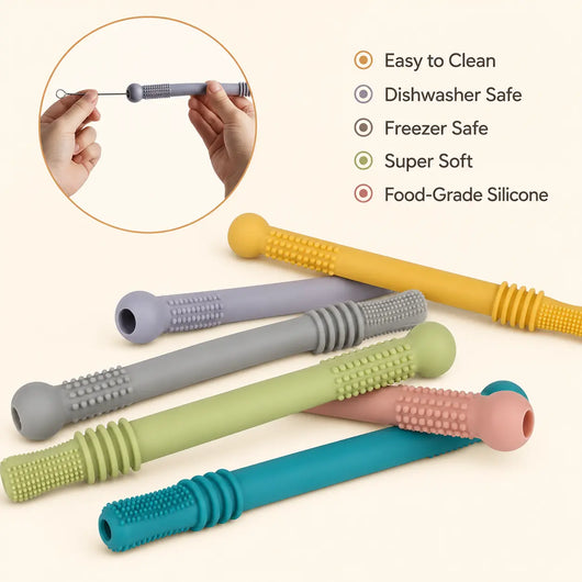 True Haven | Silicone Chew Tube Teether – Food-Grade Sensory Teething Toy Set, Dishwasher Safe