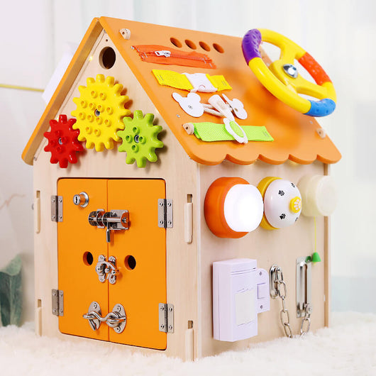 True Haven | Montessori Wooden Busy House Activity Center – Multi-Sensory Skill Building, Solid Wood Construction
