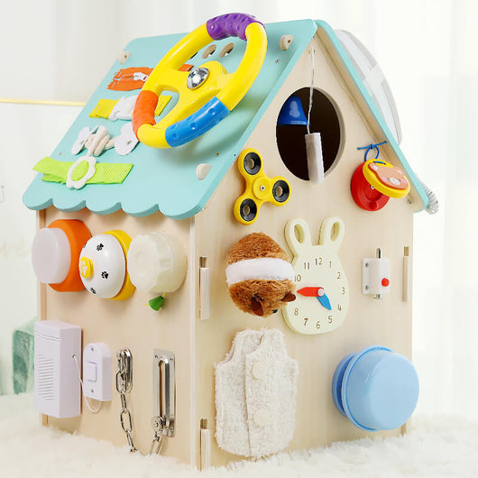 True Haven | Montessori Wooden Busy House Activity Center – Multi-Sensory Skill Building, Solid Wood Construction